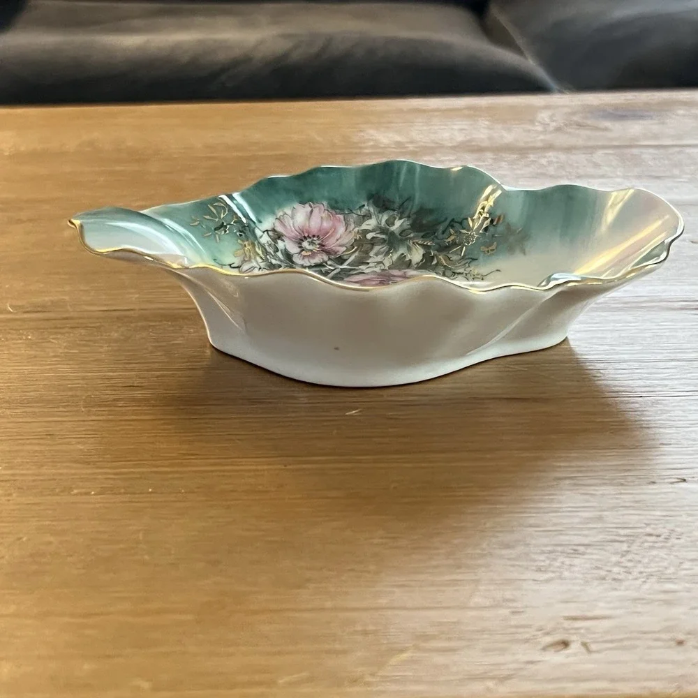 Vintage Lefton Hand Painted Floral Porcelain Trinket Dish Gold Trim‎ Japan
